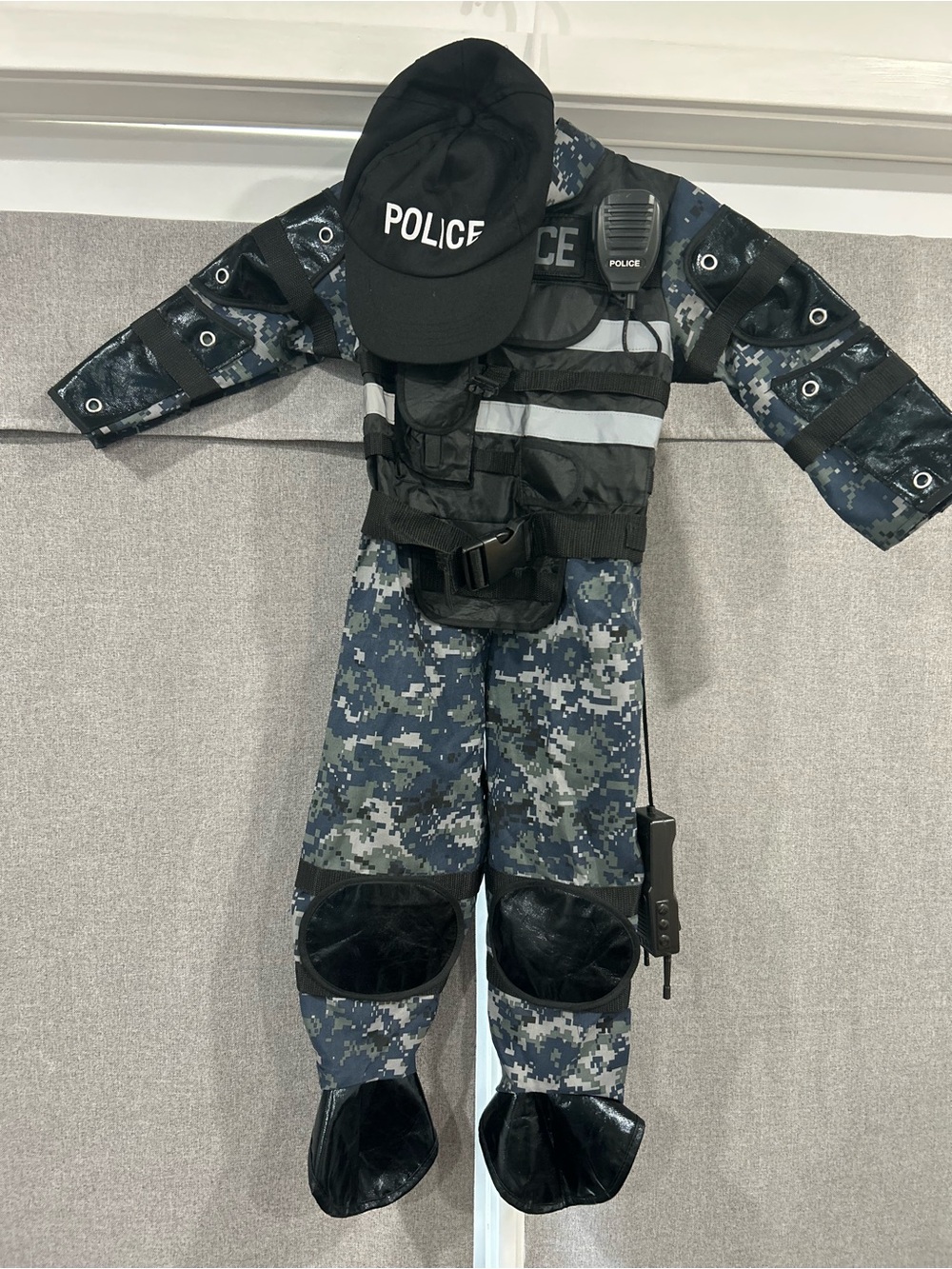 Police Kids Costume - Navy Digital Camo with Black Vest and Cap